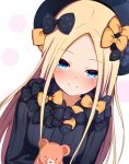  1girl abigail_williams_(fate/grand_order) bangs baretto_(karasi07) black_bow black_dress black_hat blonde_hair blue_eyes blush bow closed_mouth commentary_request dress dutch_angle eyebrows_visible_through_hair fate/grand_order fate_(series) forehead hair_bow hat long_hair long_sleeves looking_at_viewer object_hug orange_bow parted_bangs polka_dot polka_dot_bow smile solo stuffed_animal stuffed_toy teddy_bear very_long_hair white_background 