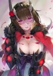  +_+ 1girl bangs black_bow black_bra black_gloves blood blood_on_face bow bra breasts broken_horn brown_hair bustier capelet cleavage crazy_smile eyebrows_visible_through_hair flower fur-trimmed_capelet fur_trim gauntlets gloves highres horns jewelry kuraishi_eriko large_breasts looking_at_viewer necklace open_mouth princess_connect! princess_connect!_re:dive red_capelet red_flower red_rose rolling_eyes rose sash shaded_face smile solo spiked_tail tail underwear violet_eyes waymay weapon wind 