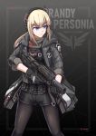  1girl absurdres armor blonde_hair blue_eyes chinese_commentary commentary_request eyebrows_visible_through_hair gloves gun headset highres holding holding_gun holding_weapon jacket legwear_under_shorts original pantyhose ponytail sherman_(egnk2525) short_shorts shorts solo weapon 