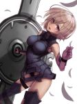  1girl :d absurdres armored_boots armored_leotard black_leotard boots breasts breasts_apart elbow_gloves fate/grand_order fate_(series) gloves head_tilt highres holding_shield leotard mash_kyrielight medium_breasts open_mouth petals purple_gloves shield short_hair silver_hair simple_background smile solo tacch thigh-highs thigh_boots violet_eyes white_background 