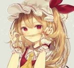  1girl :3 ascot bangs blonde_hair closed_mouth fake_facial_hair fake_mustache fingernails flandre_scarlet grey_background hands_up hat hat_ribbon highres holding holding_hair long_hair looking_at_viewer mob_cap nail_polish one_side_up pointy_ears puffy_short_sleeves puffy_sleeves red_eyes red_ribbon red_vest ribbon short_sleeves simple_background smile solo touhou upper_body vest white_hat wings wrist_cuffs yedan yellow_neckwear 