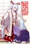 2019 2girls alternate_costume arms_up bangs blue_hair blunt_bangs bow closed_mouth dressing dressing_another eyes_visible_through_hair fujiwara_no_mokou full_body gengoroumaru_(ambidextrous) hair_bow hair_over_one_eye high_ponytail highres indoors japanese_clothes kamishirasawa_keine long_hair long_sleeves looking_at_another looking_down looking_up multicolored_hair multiple_girls ofuda ofuda_on_clothes outstretched_arms parted_bangs parted_lips ponytail red_eyes sidelocks smile squatting standing streaked_hair touhou two-tone_hair very_long_hair white_hair wide_sleeves