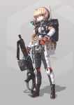  1girl absurdres ahoge backpack bag blonde_hair boots chinese_commentary commentary_request gloves gun headphones highres knee_pads light_machine_gun load_bearing_equipment orange_eyes original sherman_(egnk2525) simple_background solo weapon 