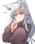  1girl animal_ear_fluff animal_ears arm_under_breasts bangs blush breasts brown_sweater commentary_request eyebrows_visible_through_hair floral_background fox_ears hand_up heart holding huge_breasts kasuka_(kusuki) long_hair long_sleeves looking_at_viewer mimikaki original red_eyes ribbed_sweater silver_hair simple_background smile solo sweater tied_hair turtleneck turtleneck_sweater upper_body white_background 