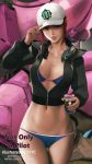  1girl 21yc_(september_breeze) baseball_cap bikini blue_bikini breasts brown_eyes brown_hair d.va_(overwatch) hand_on_headwear hat headphones headphones_around_neck highres looking_at_viewer medium_breasts nail_polish navel overwatch patreon_username solo swimsuit twitter_username 