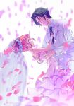  1boy 1girl black_hair black_neckwear bridal_veil dress earrings flower formal george_kurai gloves hair_flower hair_ornament highres hugtto!_precure jewelry kyoutsuugengo long_hair looking_at_another necktie nono_hana petals pink_eyes pink_hair precure suit veil wedding_dress white_suit yellow_eyes 