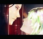  2others absurdres androgynous black_eyes black_hair bort colored_eyelashes crystal_hair diamond_(houseki_no_kuni) face-to-face highres houseki_no_kuni letterboxed long_hair looking_at_another multicolored multicolored_eyes multicolored_hair multiple_others rainbow_eyes rainbow_hair rin_(suzukasuteradx) short_hair 