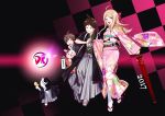  1girl 2017 2boys :d ahoge akamatsu_kaede aokiku aqua_kimono bangs blonde_hair bow brown_eyes brown_hair checkered checkered_background closed_umbrella dangan_ronpa floating_hair floral_print flower full_body green_kimono grey_hakama hair_bow hair_flower hair_ornament hakama haori hinata_hajime holding holding_umbrella japanese_clothes kimono long_hair long_sleeves monokuma monomi_(dangan_ronpa) multiple_boys naegi_makoto obi open_mouth oriental_umbrella parted_bangs pink_kimono print_kimono red_bow red_umbrella sash smile spiky_hair striped umbrella vertical_stripes violet_eyes white_flower white_legwear yukata 