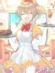  1girl :d alternate_costume apron blush_stickers brown_hair closed_eyes eyebrows_visible_through_hair food frills glass hair_ribbon hatami_(zyuden) highres hori_yuuko idolmaster idolmaster_cinderella_girls indoors open_mouth ponytail ribbon sidelocks smile steak waitress 