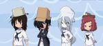  4girls alternate_eye_color alternate_headwear bag bangs bird bird_nest black_coat black_hair black_neckwear blouse blue_eyes blush_stickers bow box brown_eyes cardboard_box closed_mouth coat commentary crossed_arms curly_hair dark_skin flint_(girls_und_panzer) frown girls_und_panzer hair_bow hair_over_one_eye half-closed_eyes hand_on_hip highres jinguu_(4839ms) long_hair long_skirt long_sleeves looking_to_the_side midriff miniskirt multiple_girls murakami_(girls_und_panzer) neckerchief ogin_(girls_und_panzer) ooarai_naval_school_uniform open_clothes open_coat pink_eyes plastic_bag pleated_skirt ponytail pot red_bow redhead rum_(girls_und_panzer) sailor sailor_collar school_uniform short_hair silver_hair skirt smile smirk standing upper_body v-shaped_eyebrows white_blouse white_skirt 