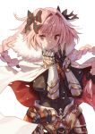  1boy armor astolfo_(fate) bangs black_bow black_ribbon bow braid cape eyebrows_visible_through_hair fang fate/apocrypha fate/grand_order fate_(series) faulds fur_collar gauntlets gloves hair_intakes hair_ribbon hands_up long_braid looking_at_viewer male_focus pink_hair ribbon saitou_masatsugu smile trap twin_braids violet_eyes w 