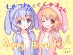  2girls :o ;d animal_ears animal_hood bangs blue_eyes blue_hair blue_jacket blush bunny_hood chitosezaka_suzu commentary_request dated eyebrows_visible_through_hair flower gochuumon_wa_usagi_desu_ka? hair_between_eyes hair_bobbles hair_flower hair_ornament happy_birthday hood hood_up hooded_jacket hoto_cocoa jacket kafuu_chino light_brown_hair long_hair long_sleeves looking_at_viewer low_twintails multiple_girls one_eye_closed open_clothes open_jacket open_mouth parted_lips pink_jacket rabbit_ears red_eyes red_flower signature sleeves_past_wrists smile twintails upper_body v x_hair_ornament yellow_background 