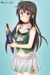  1girl alcohol anti_(untea9) beret black_gloves black_hair blue_background bottle choukai_(kantai_collection) cowboy_shot glasses gloves gradient gradient_background hair_ornament hat headgear highres kantai_collection long_hair looking_at_viewer midriff pleated_skirt remodel_(kantai_collection) rimless_eyewear sake sake_bottle skirt smile solo standing twitter_username white_skirt 