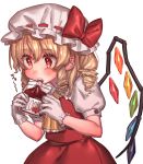  1girl ascot bangs blonde_hair blood blood_bag blush bow commentary_request cowboy_shot crystal drill_hair drill_locks drinking eyebrows_visible_through_hair flandre_scarlet frilled_shirt_collar frills gloves hair_between_eyes hat hat_bow highres holding masanaga_(tsukasa) mob_cap one_side_up pointy_ears puffy_short_sleeves puffy_sleeves red_bow red_eyes red_skirt red_vest shirt short_hair short_sleeves simple_background skirt skirt_set solo touhou translated vest white_background white_gloves white_hat white_shirt wings yellow_neckwear 