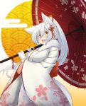  1girl animal_ear_fluff back_bow bangs bow breasts eyes_visible_through_hair fang floral_print fox_girl fox_tail fur-trimmed_collar fur-trimmed_gloves fur_trim gloves hair_between_eyes hair_ornament highres holding holding_umbrella japanese_clothes kimono large_breasts long_ponytail long_sleeves open_mouth oriental_umbrella original ponytail red_bow red_umbrella sakura_inu short_eyebrows silver_hair smile tail tied_hair umbrella white_gloves white_kimono wide_sleeves yellow_eyes 