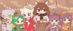  6+girls adapted_costume animal_ear_fluff animal_ears antlers armadillo_ears bangs blonde_hair brown_eyes brown_hair chameleon_ears chibi chopsticks commentary_request crested_porcupine_(kemono_friends) eating eyebrows_visible_through_hair fingerless_gloves food fried_squid fur_collar giant_armadillo_(kemono_friends) gloves green_hair grey_hair hair_between_eyes happy_new_year head_wings highres japanese_clothes kemono_friends kimono kuro_(kurojill) mask mask_on_head moose_(kemono_friends) moose_ears multiple_girls new_year panther_chameleon_(kemono_friends) porcupine_ears purple_hair red_eyes rhinoceros_ears shoebill_(kemono_friends) takoyaki tongue tongue_out white_rhinoceros_(kemono_friends) wide_sleeves yellow_eyes 