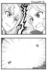  2girls 2koma close-up comic girls_und_panzer greyscale ground_vehicle kay_(girls_und_panzer) long_hair military military_vehicle monochrome motor_vehicle multiple_girls sutahiro_(donta) sweat tank 