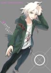  1boy ahoge arm_up bekkourico black_legwear brown_footwear chains collarbone commentary_request dangan_ronpa denim foot_out_of_frame from_side green_hood green_jacket grey_eyes hand_in_hair hood hoodie jacket jeans komaeda_nagito looking_at_viewer open_clothes open_jacket open_mouth pants shirt short_hair smile solo standing super_dangan_ronpa_2 white_hair white_shirt 