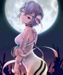  1girl ayanami_rei bandage bandaged_arm bandages bare_shoulders blue_hair bodysuit breasts commentary_request cowboy_shot eyepatch from_side full_moon hair_ornament hand_on_own_arm head_tilt highres kasai_shin looking_at_viewer looking_to_the_side medical_eyepatch medium_breasts moon neon_genesis_evangelion night night_sky one_eye_covered outdoors parted_lips plugsuit red_eyes ruins short_hair sky solo white_bodysuit 