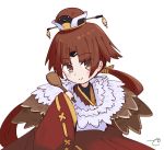  1girl bangs benienma_(fate/grand_order) blush brown_eyes brown_hair brown_hat brown_kimono closed_mouth commentary_request fate/grand_order fate_(series) hat holding holding_spoon japanese_clothes kimono kujou_karasuma long_hair long_sleeves looking_at_viewer parted_bangs ribbon-trimmed_sleeves ribbon_trim simple_background sleeves_past_wrists smile solo spoon upper_body very_long_hair white_background wide_sleeves wooden_spoon 