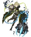  1boy ahoge blood boots chains club flail full_body fur_collar gloves green_eyes green_hair ji_no knee_boots long_coat long_nose looking_at_viewer official_art pinocchio_(sinoalice) shorts single_glove sinoalice solo spiked_club suspenders thigh-highs tongue tongue_out torn_clothes transparent_background weapon 