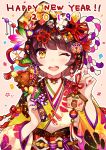  1girl ;d animal ball bangs bell blunt_bangs boar brown_hair crown dice dice_hair_ornament ema food_themed_hair_ornament gold hagoita hair_ornament hair_ribbon hair_stick hanetsuki happy_new_year highres japanese_clothes jingle_bell kimono koban_(gold) long_sleeves looking_at_viewer multicolored multicolored_nails nail_polish neck_ribbon new_year obi one_eye_closed open_mouth original outline paddle pink_background print_kimono red_ribbon ribbon rope round_teeth sash shimenawa short_hair simple_background smile solo spinning_top tareme tassel teeth temari_ball translated upper_body upper_teeth user_fvsd2278 white_outline wide_sleeves yellow_eyes yellow_kimono 