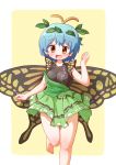  1girl antennae arinu barefoot blue_hair brown_eyes butterfly_wings commentary_request dress eternity_larva hair_ornament highres leaf leaf_hair_ornament leaf_on_head leg_up open_mouth short_hair short_sleeves smile solo thighs touhou wings yellow_background 