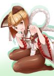  1girl animal_ears bangs bare_shoulders blonde_hair blunt_bangs braid brown_legwear bunji cat_ears detached_sleeves dog_ears error eyebrows_visible_through_hair french_braid full_body granblue_fantasy highres japanese_clothes leaning_forward looking_at_viewer open_mouth pantyhose paw_pose pelvic_curtain rope seiza shimenawa short_eyebrows short_hair sitting smile solo thighs vajra_(granblue_fantasy) wrong_feet 