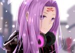  1girl absurdres blurry blurry_background fate/stay_night fate_(series) headphones headphones_around_neck highres long_hair portrait purple_hair rider smile solo sou_skate714 very_long_hair violet_eyes 