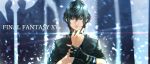  1boy 55level bangs black_hair black_jacket blue_eyes closed_mouth final_fantasy final_fantasy_xv fingerless_gloves gloves hair_between_eyes holding_own_wrist jacket jewelry looking_at_viewer male_focus noctis_lucis_caelum ring short_sleeves single_glove 