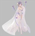  1girl breasts bridal_veil cleavage elbow_gloves flower full_body gloves grey_background hair_flower hair_ornament large_breasts lavender_hair leotard nineo no_shoes original see-through sidelocks simple_background solo standing thigh-highs veil violet_eyes white_gloves white_legwear 