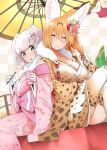  2girls adapted_costume alternate_hair_length alternate_hairstyle animal_ear_fluff animal_ears black_eyes blonde_hair breasts bridal_gauntlets can chinese_zodiac commentary_request dango food fur_collar gloves hair_between_eyes hayashi_(l8poushou) highres japanese_clothes kemono_friends kimono large_breasts legs_crossed long_hair looking_at_viewer multiple_girls older open_mouth oriental_umbrella parted_lips pig_(kemono_friends) pig_ears print_kimono print_legwear serval_(kemono_friends) serval_ears serval_print sitting smile thigh-highs umbrella wagashi white_gloves white_hair wide_sleeves year_of_the_pig yellow_eyes 