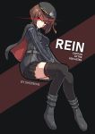  1girl absurdres asymmetrical_hair beret black_legwear bob_cut boots brown_hair cape english_text glowing glowing_eyes hat highres invisible_chair original pleated_skirt red_eyes sherman_(egnk2525) sitting skirt solo thigh-highs zettai_ryouiki 