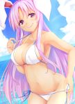  1girl animal_ears bare_arms bare_shoulders bikini bikini_pull blue_sky blush breasts clouds collarbone commentary_request cowboy_shot day eyebrows_visible_through_hair groin hair_between_eyes hand_up head_tilt highres kue large_breasts leaning_forward long_hair looking_at_viewer navel outdoors purple_hair rabbit_ears red_eyes reisen_udongein_inaba side-tie_bikini sketch sky smile solo standing stomach swimsuit tan tanline thighs touhou very_long_hair water white_bikini 
