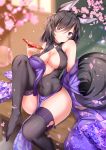  1girl alcohol animal_ear_fluff animal_ears armpit_crease bangs bare_shoulders black_hair black_legwear blurry blush breasts cherry_blossoms cleavage closed_mouth commentary_request covered_navel cup depth_of_field eyebrows_visible_through_hair fox_ears fox_tail gradient_hair hair_over_one_eye hand_up head_tilt highres holding knee_up long_hair long_sleeves looking_at_viewer medium_breasts multicolored_hair no_shoes off_shoulder original pelvic_curtain petals purple_hair sakazuki sake sitting sleeveless sleeves_past_wrists smile solo spilling tail thigh-highs thighs violet_eyes wide_sleeves yukishiro_arute 