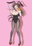  1girl animal_ears black_legwear black_leotard blush bow bowtie breasts brown_hair bunny_tail bunnysuit carrot collared_shirt cup dated dessert detached_collar eyebrows_visible_through_hair fake_animal_ears fishnet_pantyhose fishnets food full_body hair_bow hair_ornament hair_ribbon hairclip high_heels holding ice_cream kantai_collection large_breasts leotard long_hair looking_at_viewer mamiya_(kantai_collection) mokerou pantyhose pink_background rabbit_ears red_eyes red_neckwear ribbon shadow shirt solo spoon standing tail tray twitter_username 
