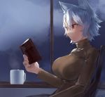  1girl alternate_costume animal_ear_fluff animal_ears bangs book breasts brown_sweater chair clouds commentary_request contemporary cup eyebrows_visible_through_hair hair_between_eyes holding holding_book indoors inubashiri_momiji kasuka_(kusuki) large_breasts long_legs mug night night_sky no_hat no_headwear red_eyes short_hair silver_hair sitting sky solo steam sweater touhou upper_body wolf_ears 