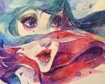  1girl commentary conniekims english_commentary eyelashes lips lipstick long_hair looking_afar looking_at_viewer makeup multicolored_hair open_mouth original pale_skin parted_lips portrait red_lipstick solo traditional_media watercolor_(medium) 