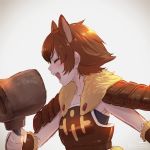  1girl animal_ears armor boar_ears brown_hair closed_eyes collarbone commentary_request extra_ears eyebrows_visible_through_hair fur_trim gauntlets hammer highres japanese_boar_(kemono_friends) kemono_friends open_mouth profile short_hair sleeveless solo takami_masahiro upper_body 