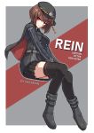  1girl absurdres asymmetrical_hair beret black_legwear bob_cut boots brown_hair cape chinese_commentary commentary_request english_text hat highres invisible_chair original pleated_skirt red_eyes sherman_(egnk2525) sitting skirt solo thigh-highs zettai_ryouiki 