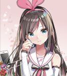  1girl a.i._channel bangs bare_shoulders black_ribbon blue_eyes bouquet brown_hair cellphone closed_mouth collarbone commentary_request detached_sleeves earphones eyebrows_visible_through_hair flower gradient gradient_background hair_ribbon hairband head_tilt holding kizuna_ai long_hair long_sleeves looking_at_viewer petals phone pink_background pink_hair pink_hairband pink_ribbon ribbon sailor_collar shiny shiny_hair shirt smartphone solo tsukiringo upper_body virtual_youtuber white_sailor_collar white_shirt 