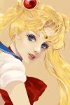  1girl bishoujo_senshi_sailor_moon blonde_hair blue_eyes blue_sailor_collar bow bowtie commentary conniekims crescent crescent_earrings double_bun earrings english_commentary highres jewelry light_brown_background lips looking_at_viewer nose parted_lips red_bow red_neckwear sailor_collar sailor_moon sailor_senshi_uniform shirt short_sleeves simple_background white_shirt 