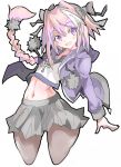  1boy :d astolfo_(fate) bangs black_bow black_skirt blush bow braid cowboy_shot cropped_legs crossdressinging drawstring enpe eyebrows_visible_through_hair fang fate/apocrypha fate_(series) hair_between_eyes hair_bow hair_intakes highres jacket long_hair long_sleeves looking_at_viewer multicolored_hair navel open_clothes open_jacket open_mouth pink_hair pom_pom_(clothes) purple_jacket simple_background single_braid skirt smile solo trap two-tone_hair violet_eyes white_background white_hair 