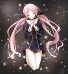  1girl 2017 bangs black_bow black_dress bow chaos;child closed_eyes dated dress eyebrows_visible_through_hair floating_hair hair_bow hands_clasped head_tilt interlocked_fingers legs_up long_hair minamisawa_senri own_hands_together parted_bangs pink_hair red_neckwear sailor_collar school_uniform short_dress socks solo twintails twitter_username very_long_hair white_legwear white_sailor_collar yakku 