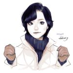  1girl artist_name black_hair black_sweater blue_eyes closed_mouth coat commentary english_commentary gloves layered_clothing looking_at_viewer original partially_unzipped short_hair simple_background solo sweater takenaka turtleneck turtleneck_sweater upper_body watermark web_address white_background white_coat 