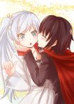  2girls bangs black_dress black_hair blue_eyes cape cheek_kiss closed_eyes collarbone dress eyebrows_visible_through_hair jewelry kiss long_hair long_sleeves moai_(moai_world) multiple_girls necklace red_cape ruby_rose rwby shiny shiny_hair short_hair side_ponytail silver_hair swept_bangs triangle_mouth very_long_hair weiss_schnee white_dress 