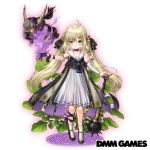  1girl blonde_hair braid club copyright_name costume_request dmm floral_background flower_knight_girl full_body glowing glowing_eyes horns koonitabirako_(flower_knight_girl) looking_at_viewer skull smoke spiked_club standing tagme weapon white_background yellow_eyes 