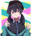  1girl :o absurdres bangs beret black_shirt blue_jacket blue_neckwear breasts brown_hair brown_hat collared_shirt commentary_request eyebrows_visible_through_hair fingernails glasses hair_between_eyes hands_up hat highres jacket kazenoko large_breasts looking_at_viewer low_twintails necktie off_shoulder original parted_lips red_eyes round_eyewear shirt sleeves_past_wrists solo twintails 