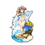  1girl beach beach_umbrella breasts brown_hair chair cleavage day inflatable_dolphin inflatable_toy last_period legs_up looking_at_viewer lounge_chair official_art outdoors sandals smile solo sunglasses swimsuit thigh_gap twintails umbrella violet_eyes water white-framed_eyewear whoopin 