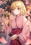 1girl arin_(wda4167) bangs black_bow blonde_hair blurry blurry_foreground blush bow cherry_blossoms closed_mouth commentary day depth_of_field eyebrows_visible_through_hair fate_(series) hair_bow hakama half_updo highres japanese_clothes kimono koha-ace long_sleeves looking_at_viewer okita_souji_(fate) okita_souji_(fate)_(all) outdoors petals pink_hakama pink_kimono sheath sheathed shiny shiny_hair short_hair signature smile solo star star_in_eye sword symbol_in_eye tareme weapon wide_sleeves yellow_eyes 